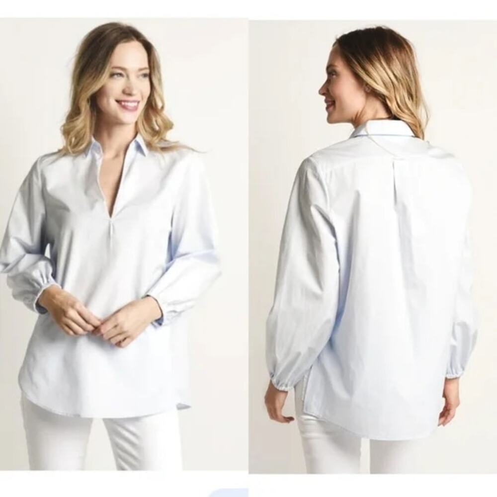 Vince Japanese Cotton Poplin V-Neck Swing Popover Blouse Top Blue Women's Sz XS